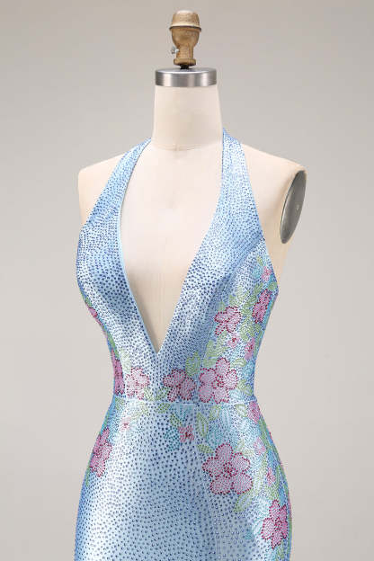 Sparkly Light Blue Floral Mermaid Halter Neck Long Prom Dress with Slit