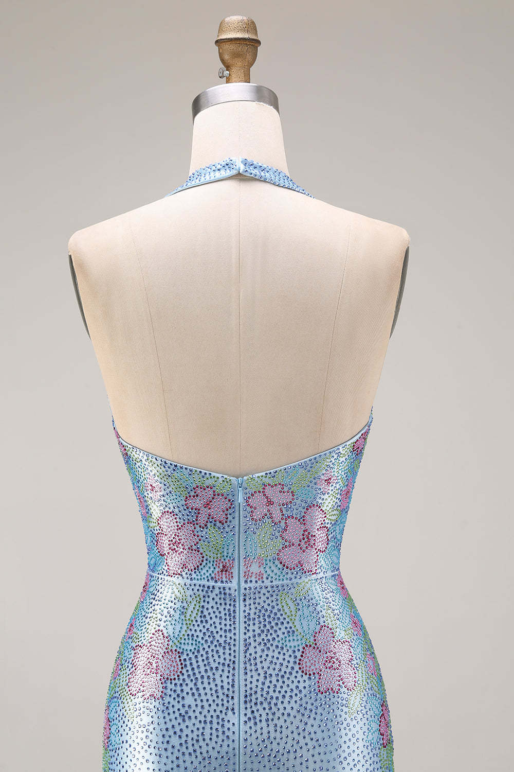 Sparkly Light Blue Floral Mermaid Halter Neck Long Prom Dress with Slit