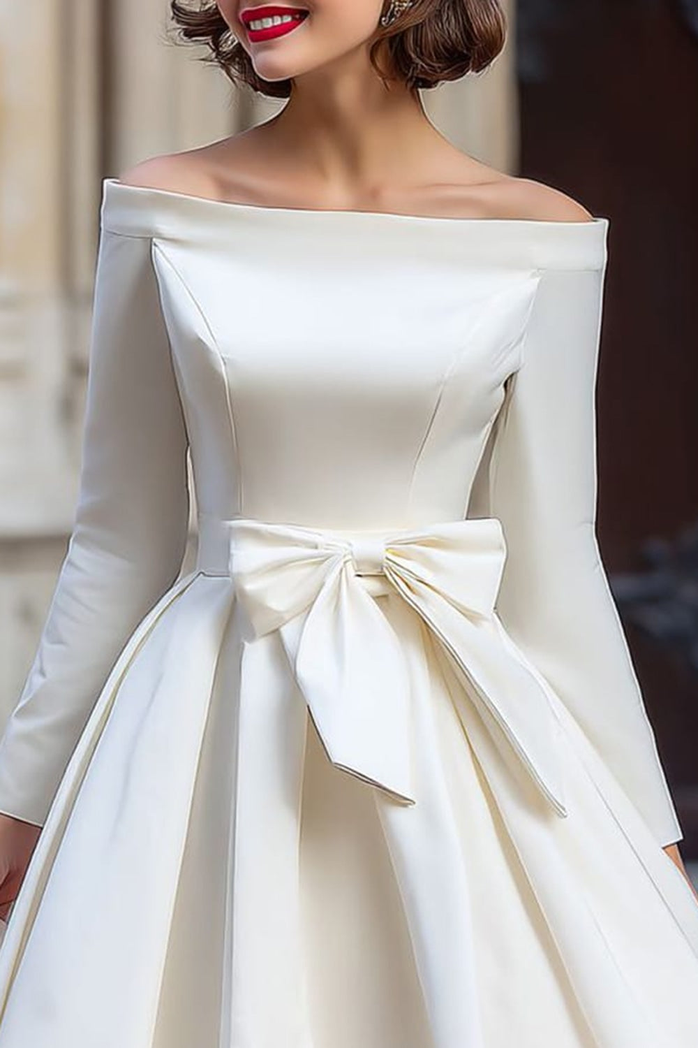 White A Line Off the Shoulder Short Engagement Dress with Bow
