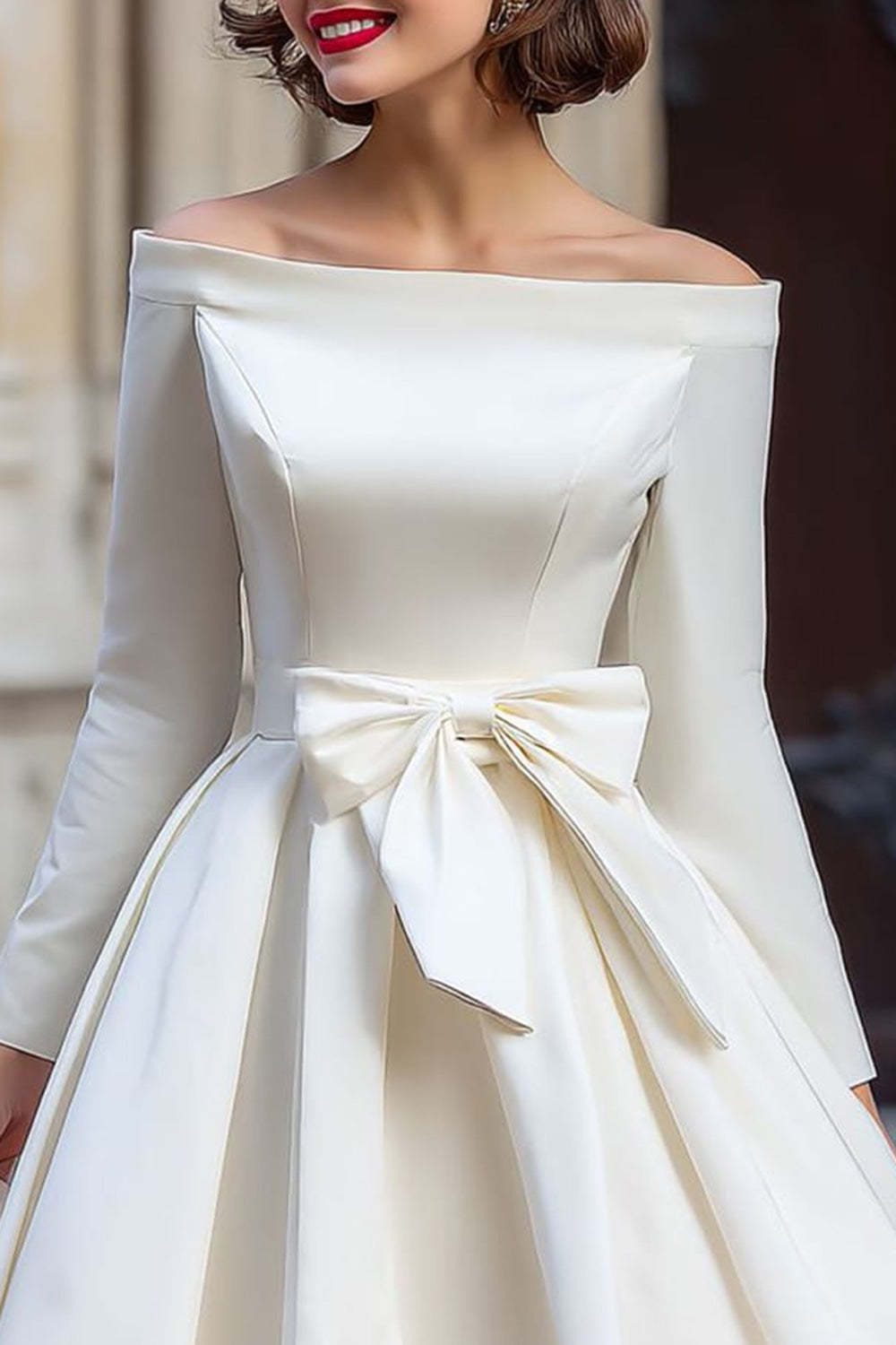 White A Line Off the Shoulder Short Engagement Dress with Bow