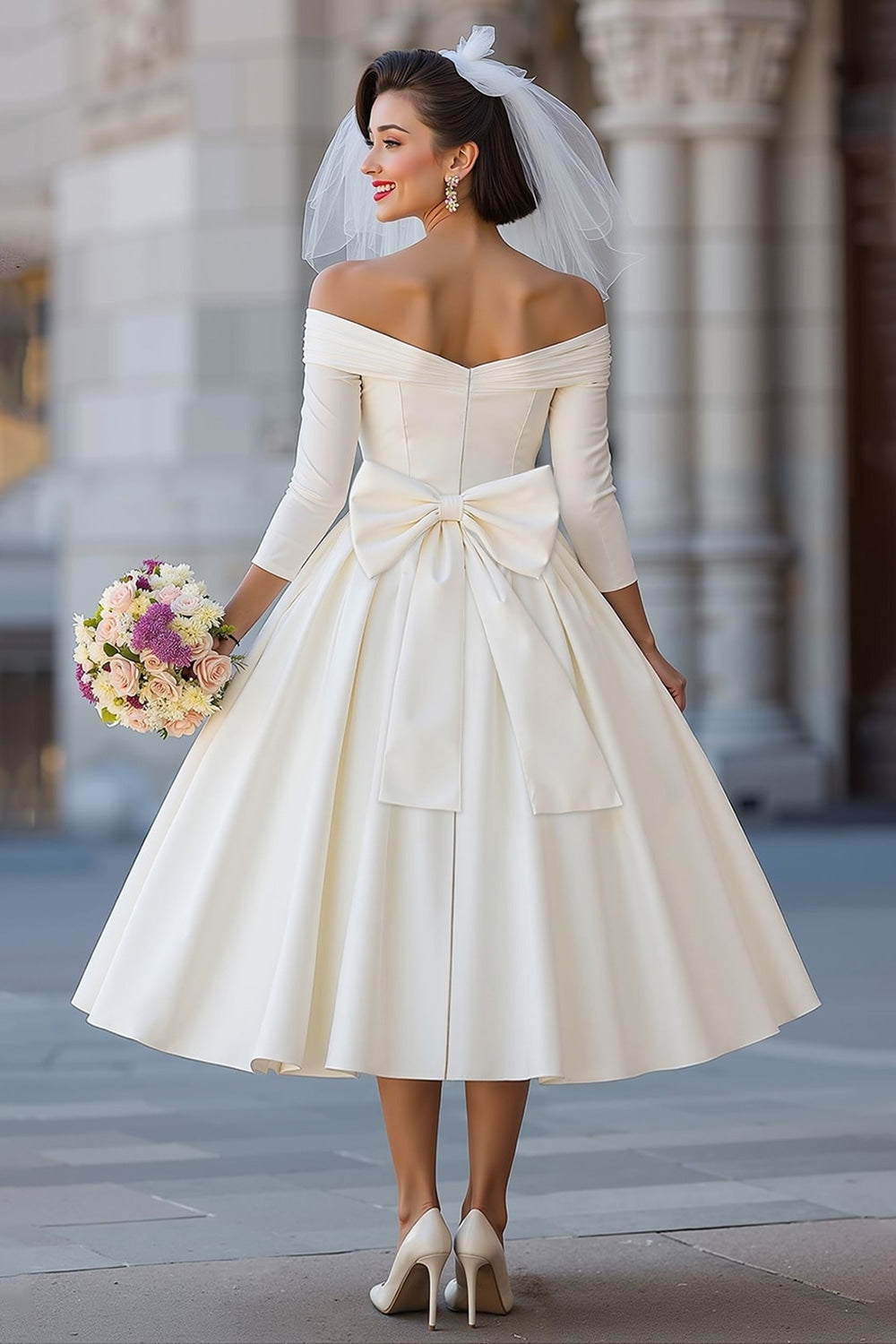 Ivory Ball Gown Off the Shoulder Midi Wedding Dress with Bow