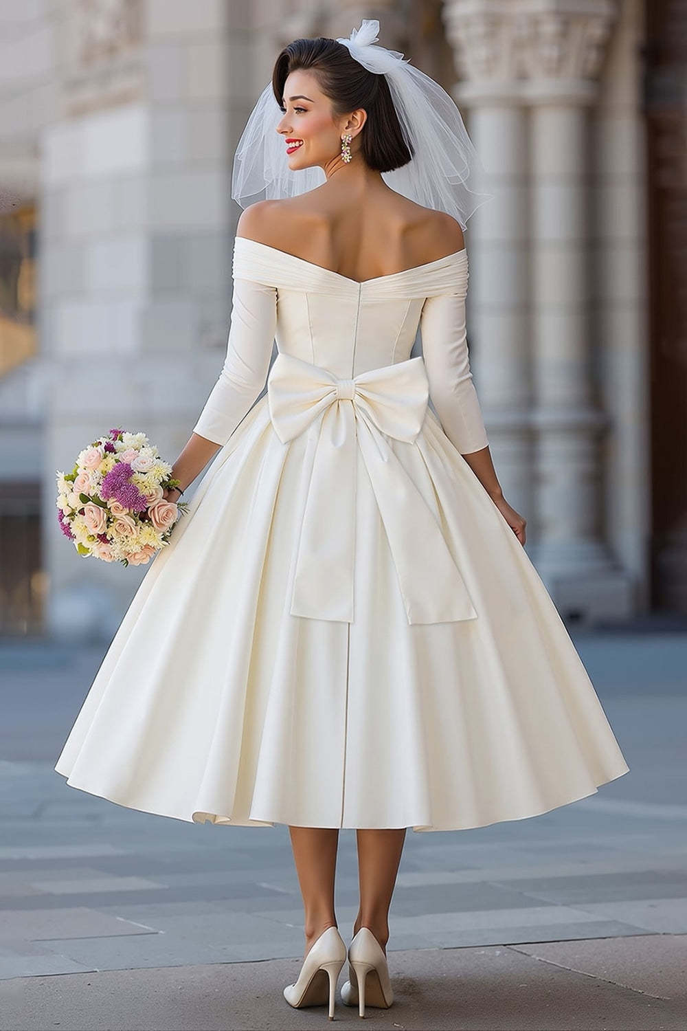 Ivory Ball Gown Off the Shoulder Midi Wedding Dress with Bow