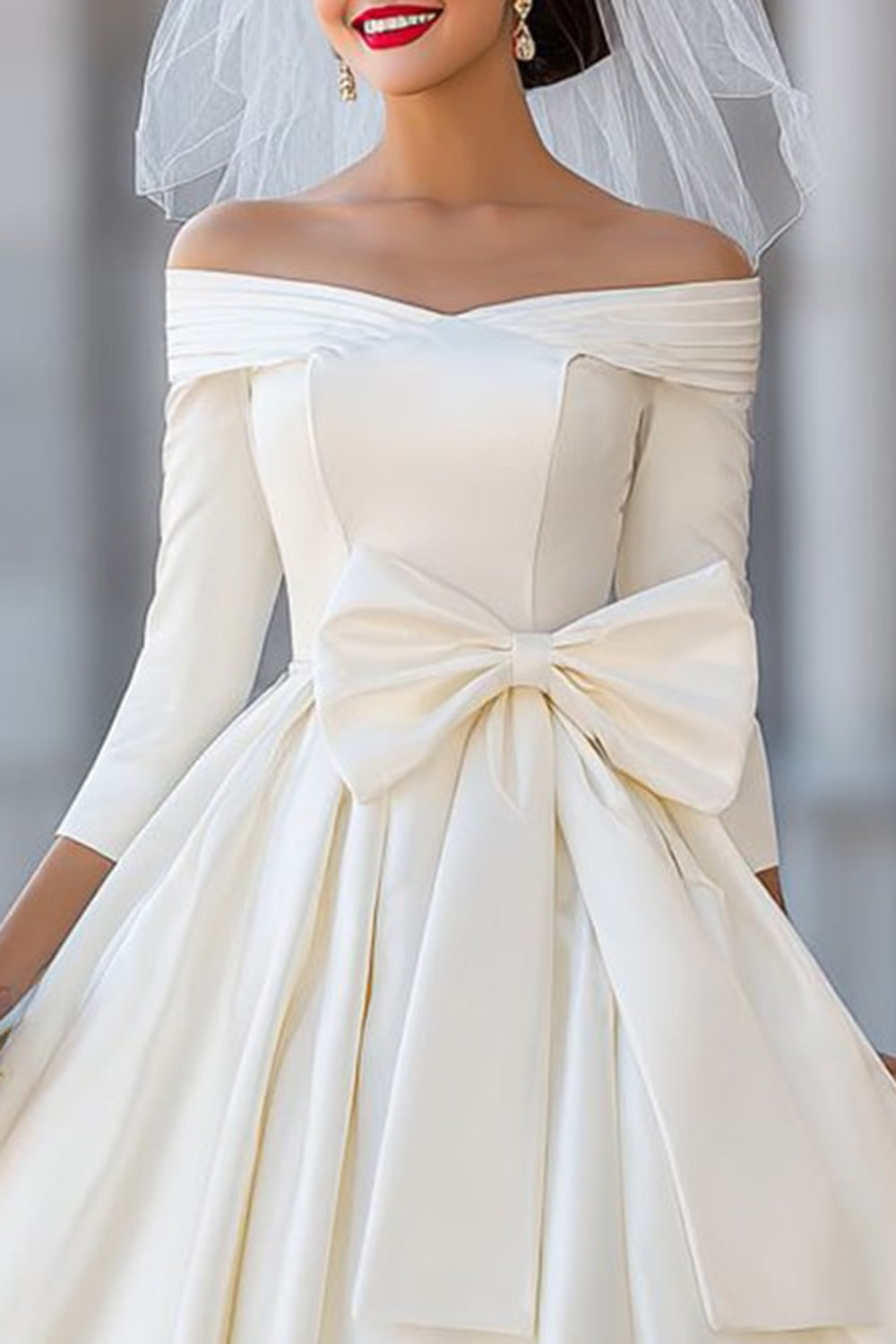 Ivory Ball Gown Off the Shoulder Midi Wedding Dress with Bow
