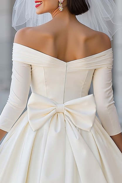 Ivory Ball Gown Off the Shoulder Midi Wedding Dress with Bow