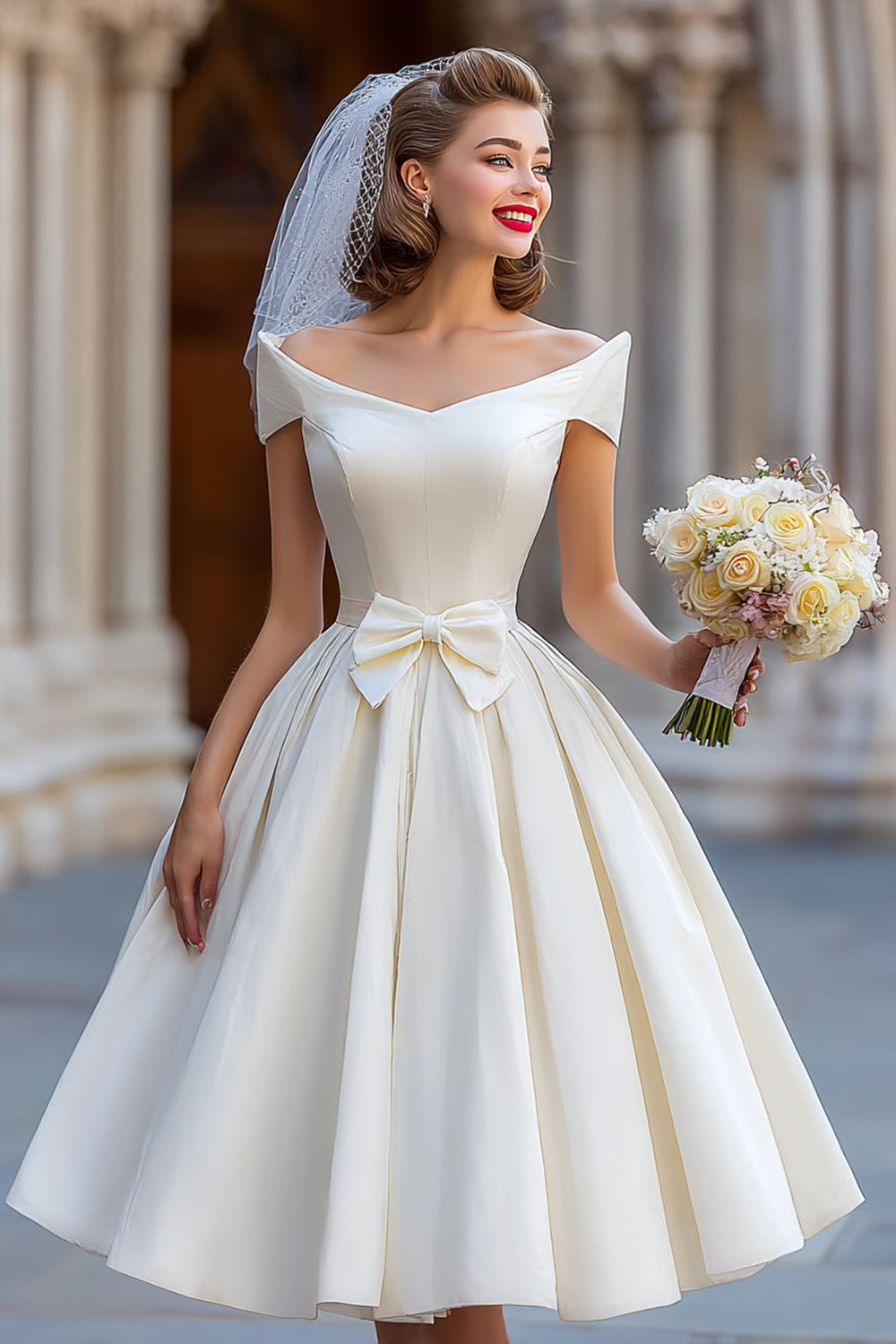 Ivory Ball Gown Backless Off the Shoulder Midi Wedding Dress with Bow