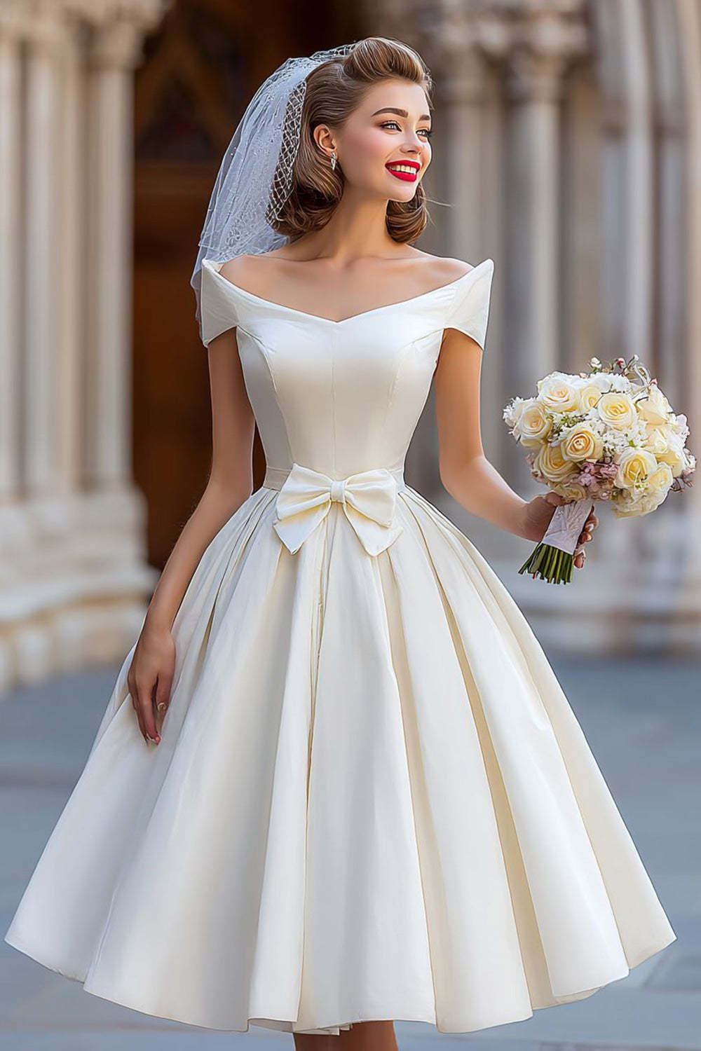 Leely Women Ivory Satin Midi Wedding Dress with Bow Ball Gown Backless Off the Shoulder A Line Engagement Dress