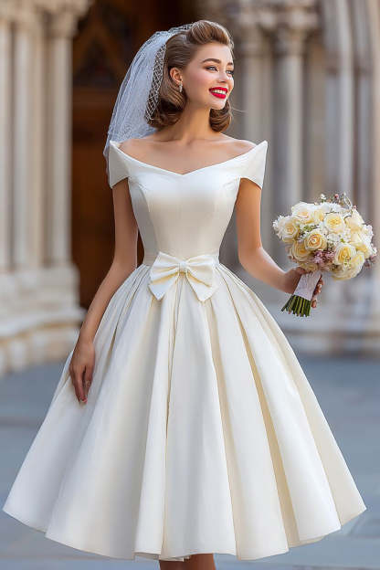 Leely Women Ivory Satin Midi Wedding Dress with Bow Ball Gown Backless Off the Shoulder A Line Engagement Dress