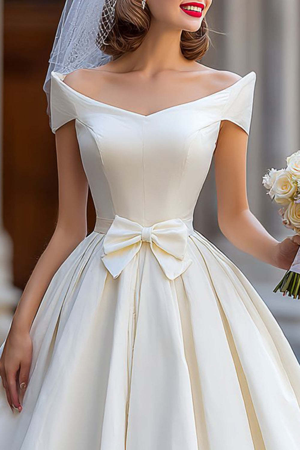 Ivory Ball Gown Backless Off the Shoulder Midi Wedding Dress with Bow