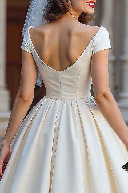 Ivory Ball Gown Backless Off the Shoulder Midi Wedding Dress with Bow