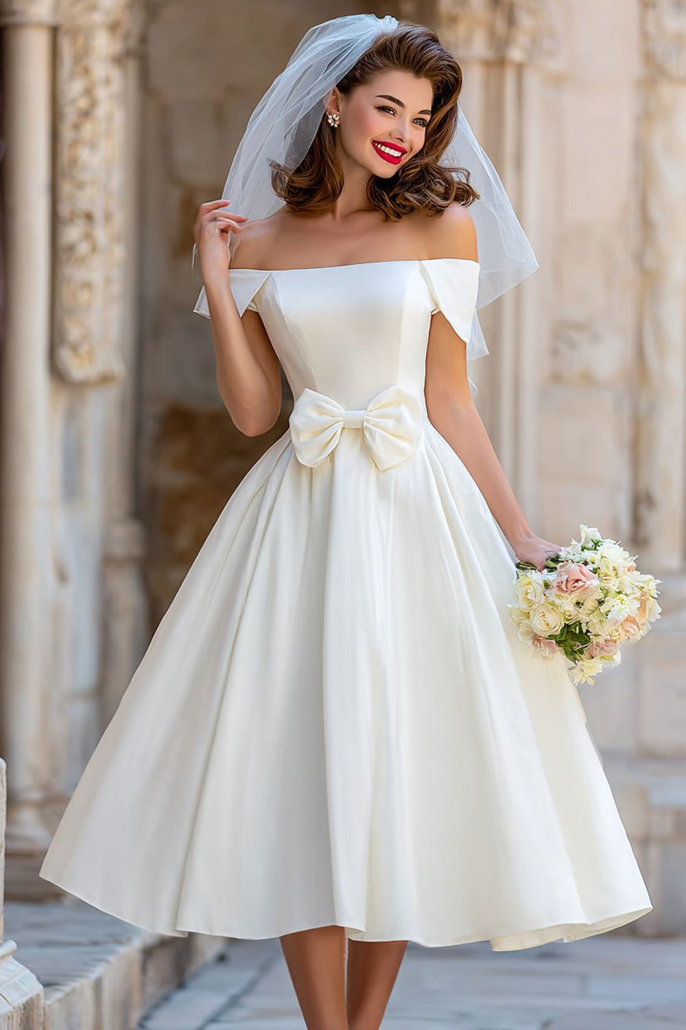 Leely Women Ivory Satin Midi Wedding Dress with Bow Off the Shoulder A-Line Backless Registry Office Wedding Dress