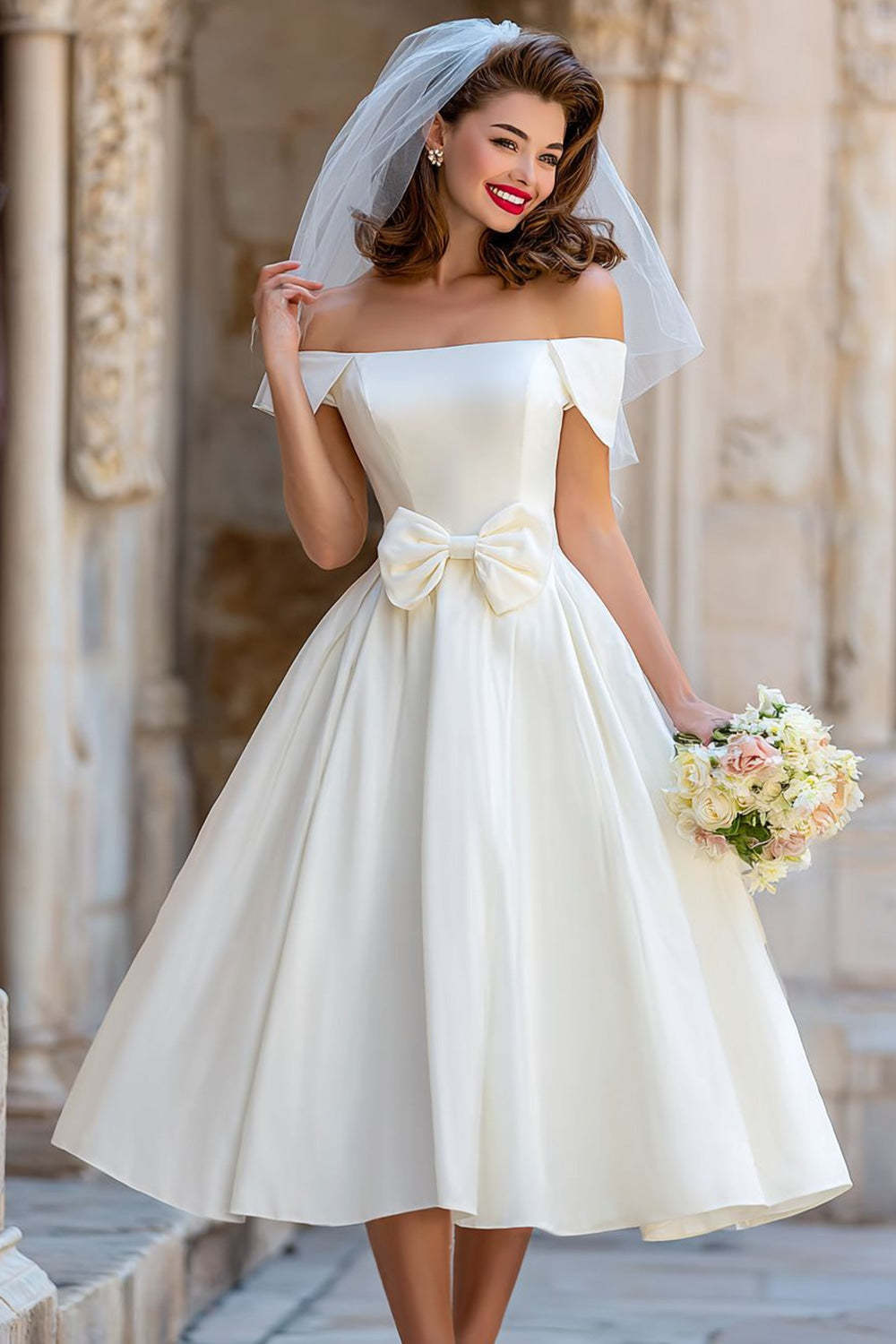 Leely Women Ivory Satin Midi Wedding Dress with Bow Off the Shoulder A-Line Backless Registry Office Wedding Dress
