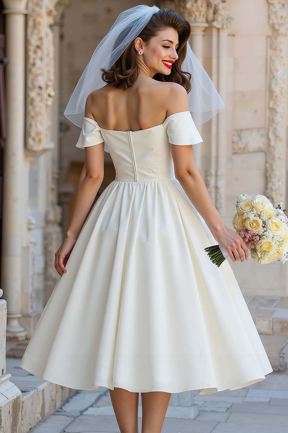Ivory Off the Shoulder A Line Midi Registry Office Wedding Dress with Bow