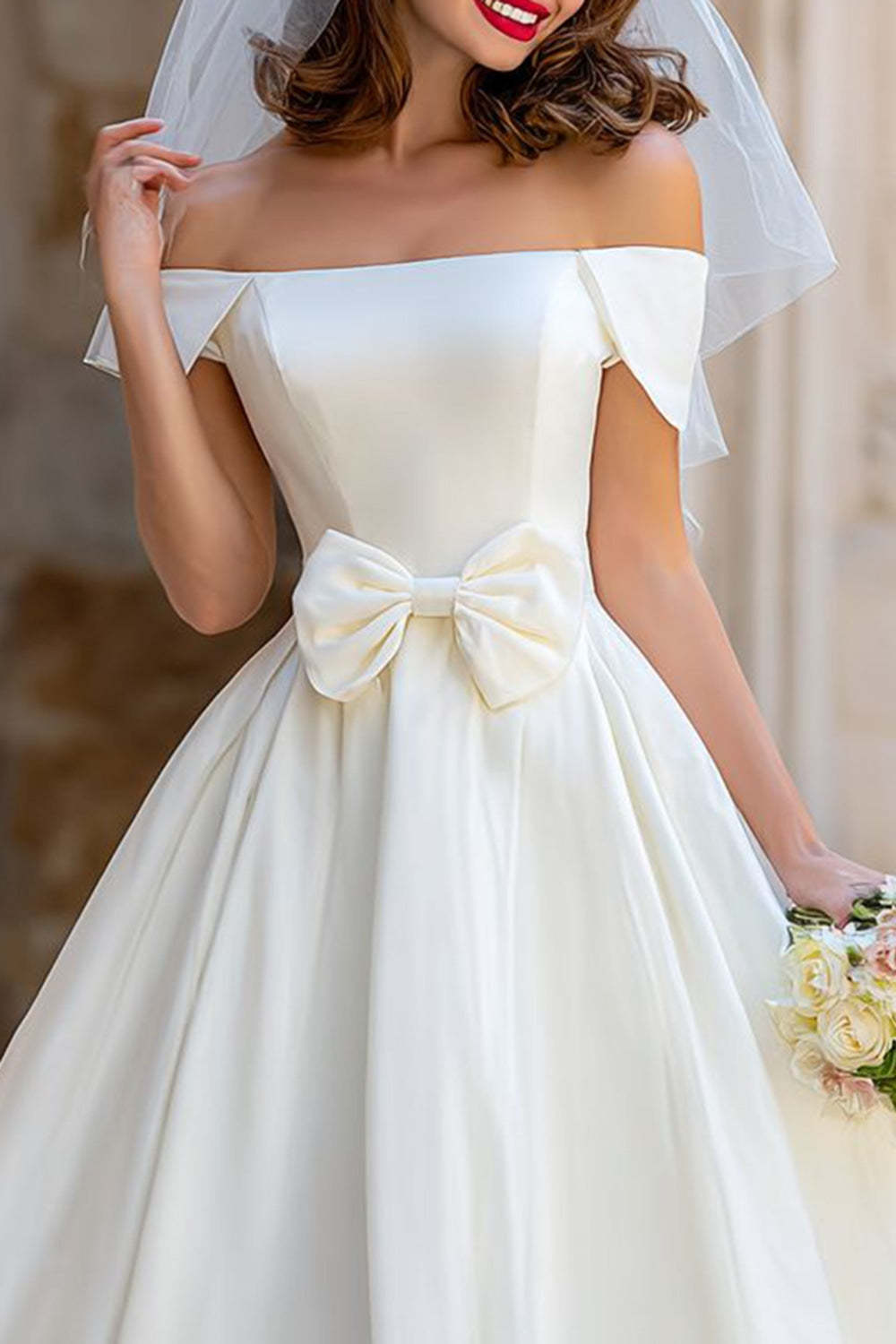 Ivory Off the Shoulder A Line Midi Registry Office Wedding Dress with Bow