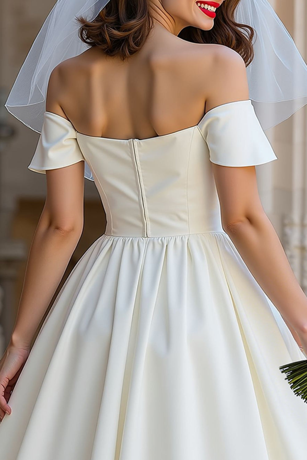 Ivory Off the Shoulder A Line Midi Registry Office Wedding Dress with Bow