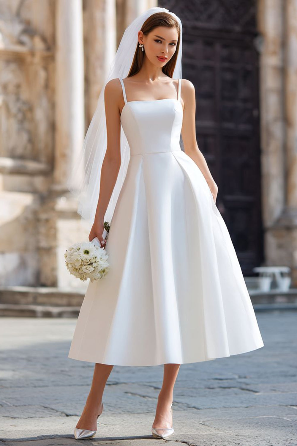 White A Line Spaghetti Straps Midi Wedding Dress with Bow