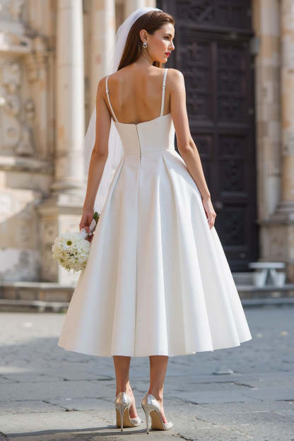 White A Line Spaghetti Straps Midi Wedding Dress with Bow