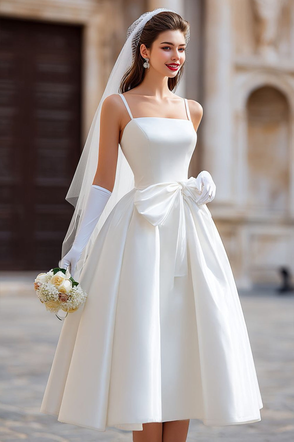 White A Line Spaghetti Straps Midi Wedding Dress with Bow