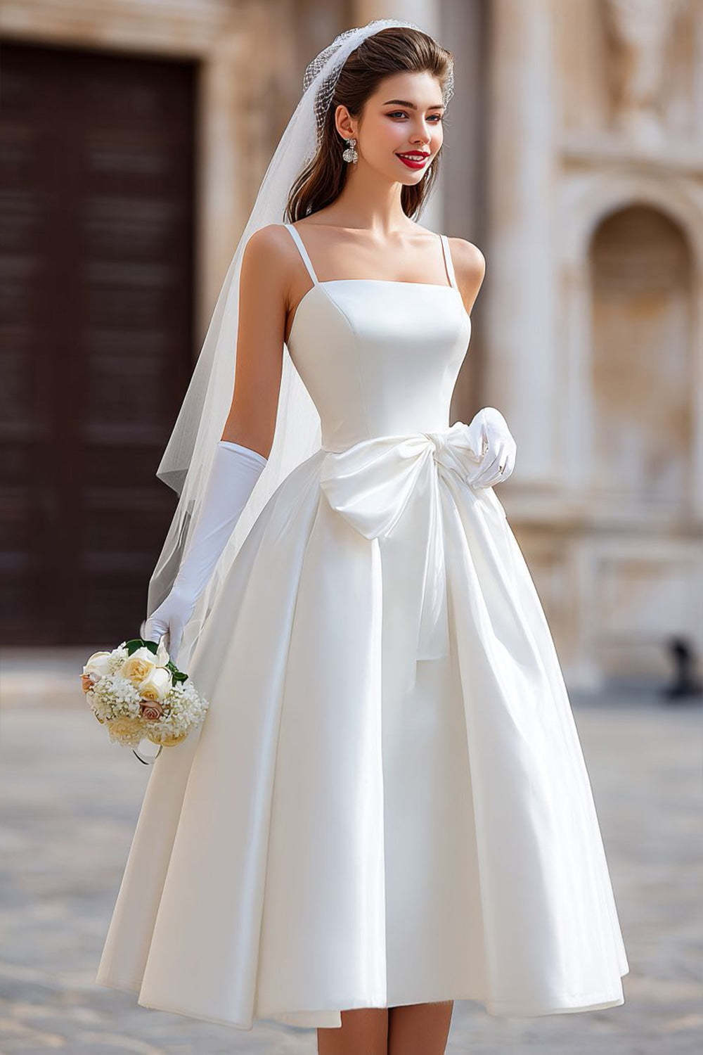 White A Line Spaghetti Straps Midi Wedding Dress with Bow