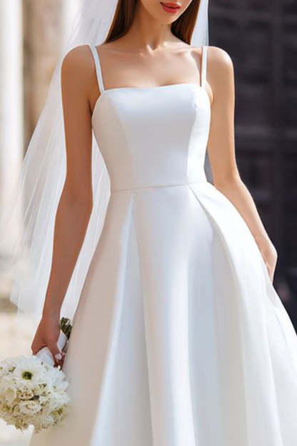 White A Line Spaghetti Straps Midi Wedding Dress with Bow