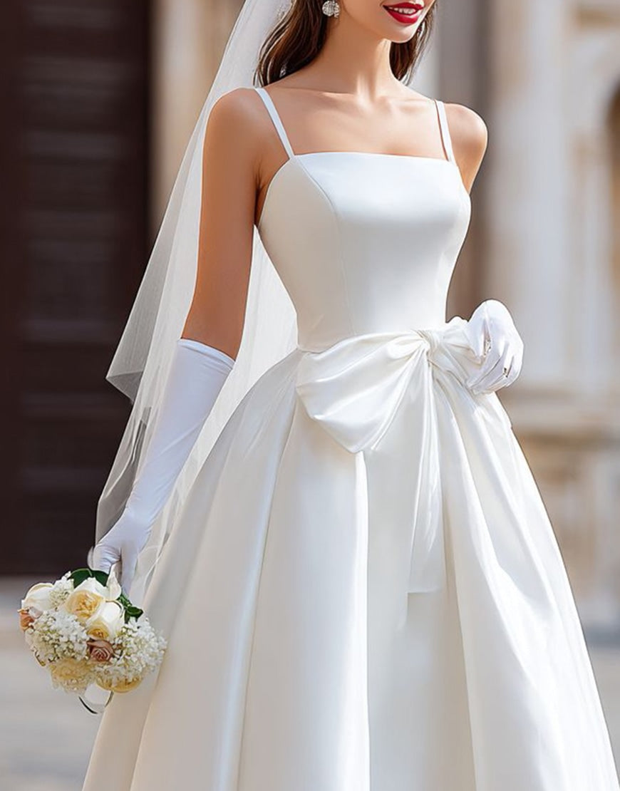 White A Line Spaghetti Straps Midi Wedding Dress with Bow