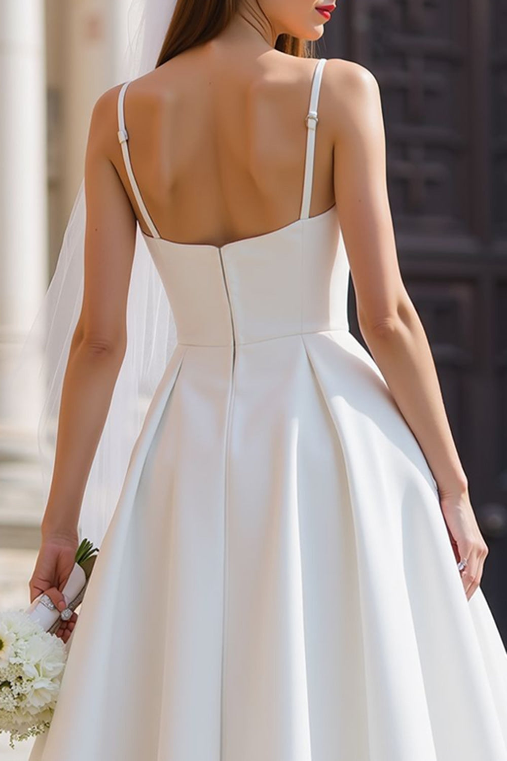 White A Line Spaghetti Straps Midi Wedding Dress with Bow