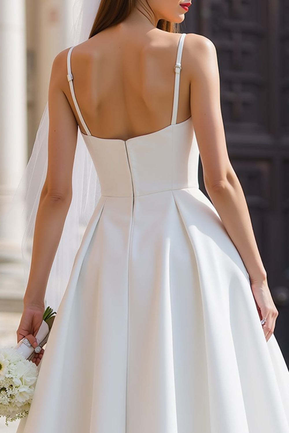 White A Line Spaghetti Straps Midi Wedding Dress with Bow