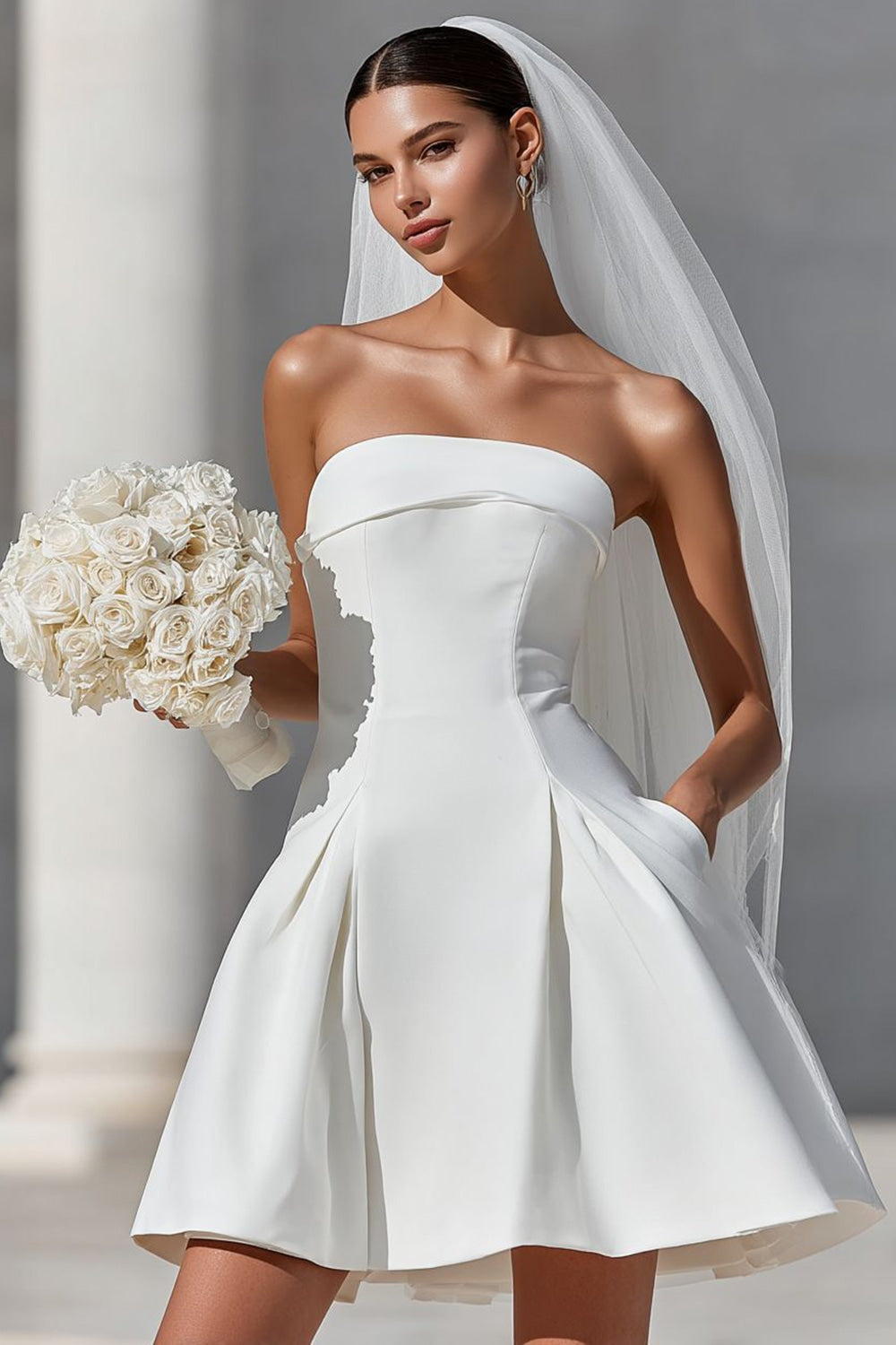 White Strapless A Line Satin Short Bow Wedding Dress with Pocket