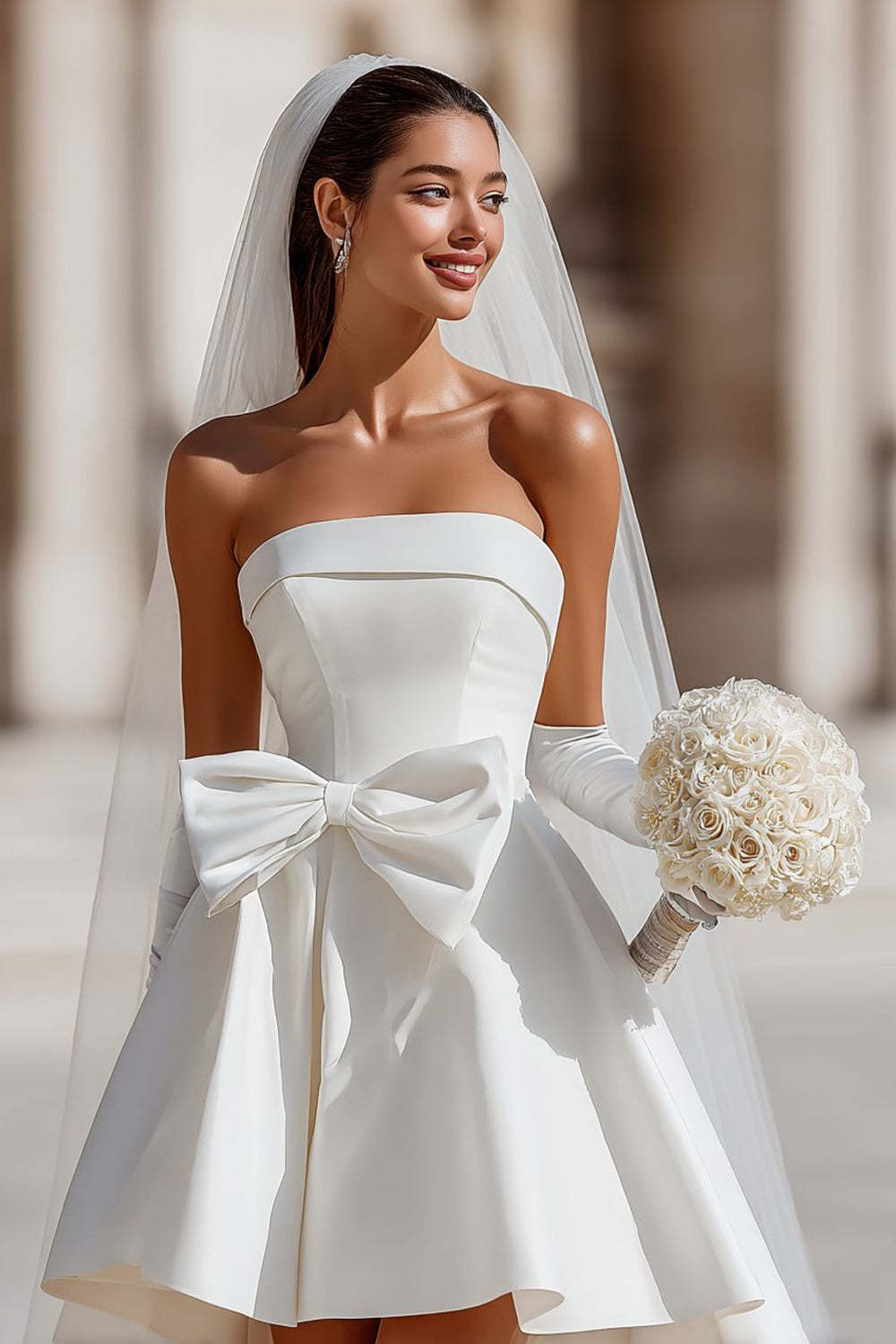 White Strapless A Line Satin Short Bow Wedding Dress with Pocket