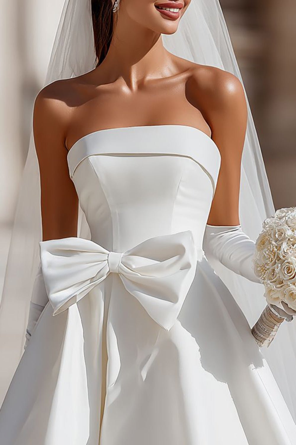 White Strapless A Line Satin Short Bow Wedding Dress with Pocket