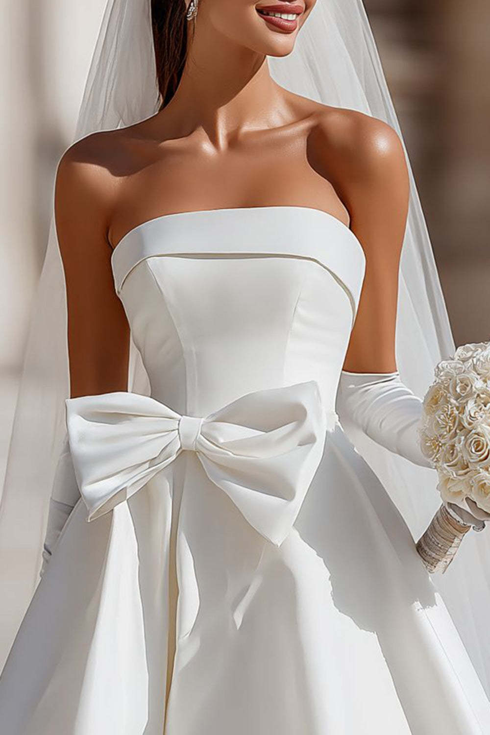 White Strapless A Line Satin Short Bow Wedding Dress with Pocket
