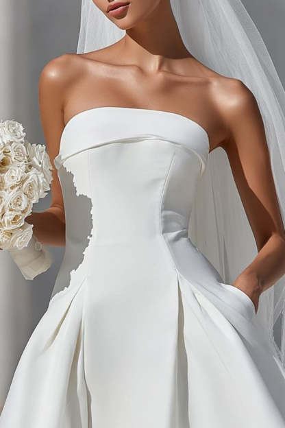 White Strapless A Line Satin Short Bow Wedding Dress with Pocket