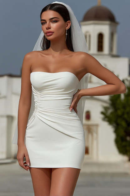 Leely Women White Short Wedding Dress Bodycon Strapless Ruched Bachelorette Dress