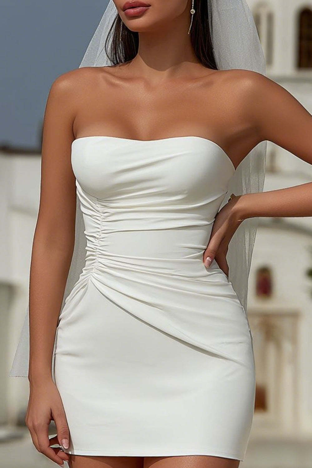 White Strapless Tight Short Wedding Dress