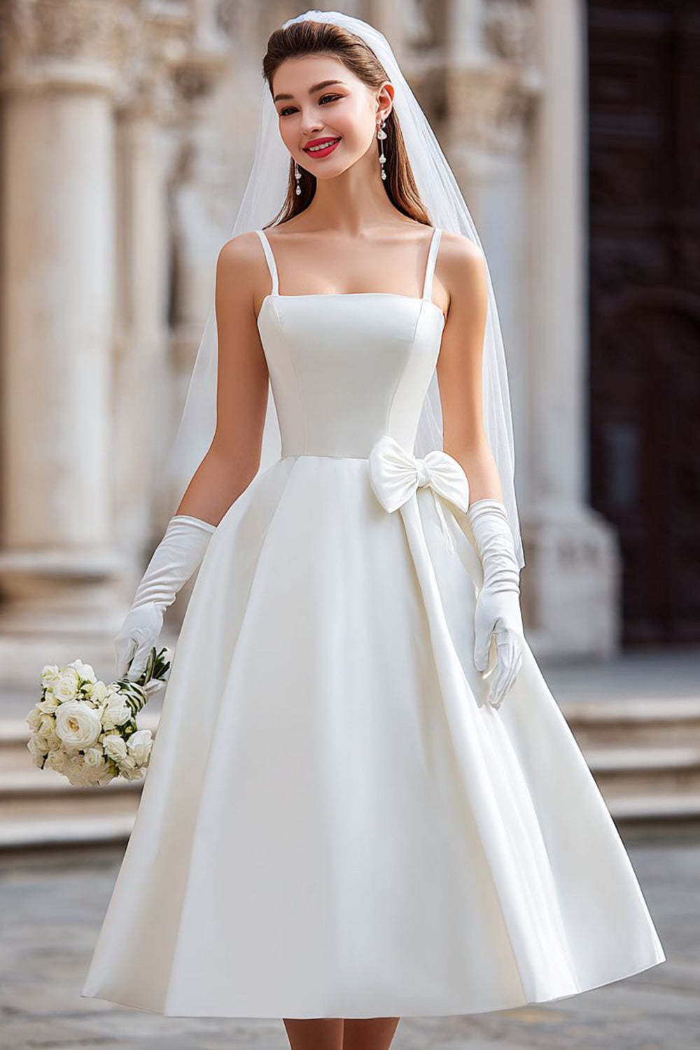 Leely Women White Satin Midi Wedding Dress A Line Backless Spaghetti Straps Registry Office Wedding Dress with Bow