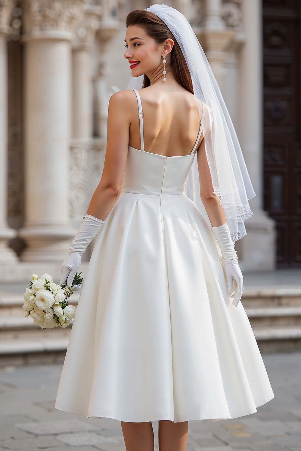 White Spaghetti Straps Satin Bow A Line Midi Wedding Dress