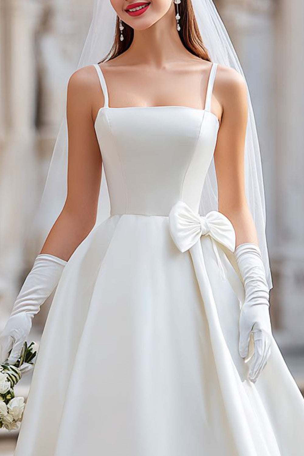 White Spaghetti Straps Satin Bow A Line Midi Wedding Dress