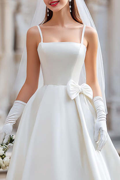 White Spaghetti Straps Satin Bow A Line Midi Wedding Dress