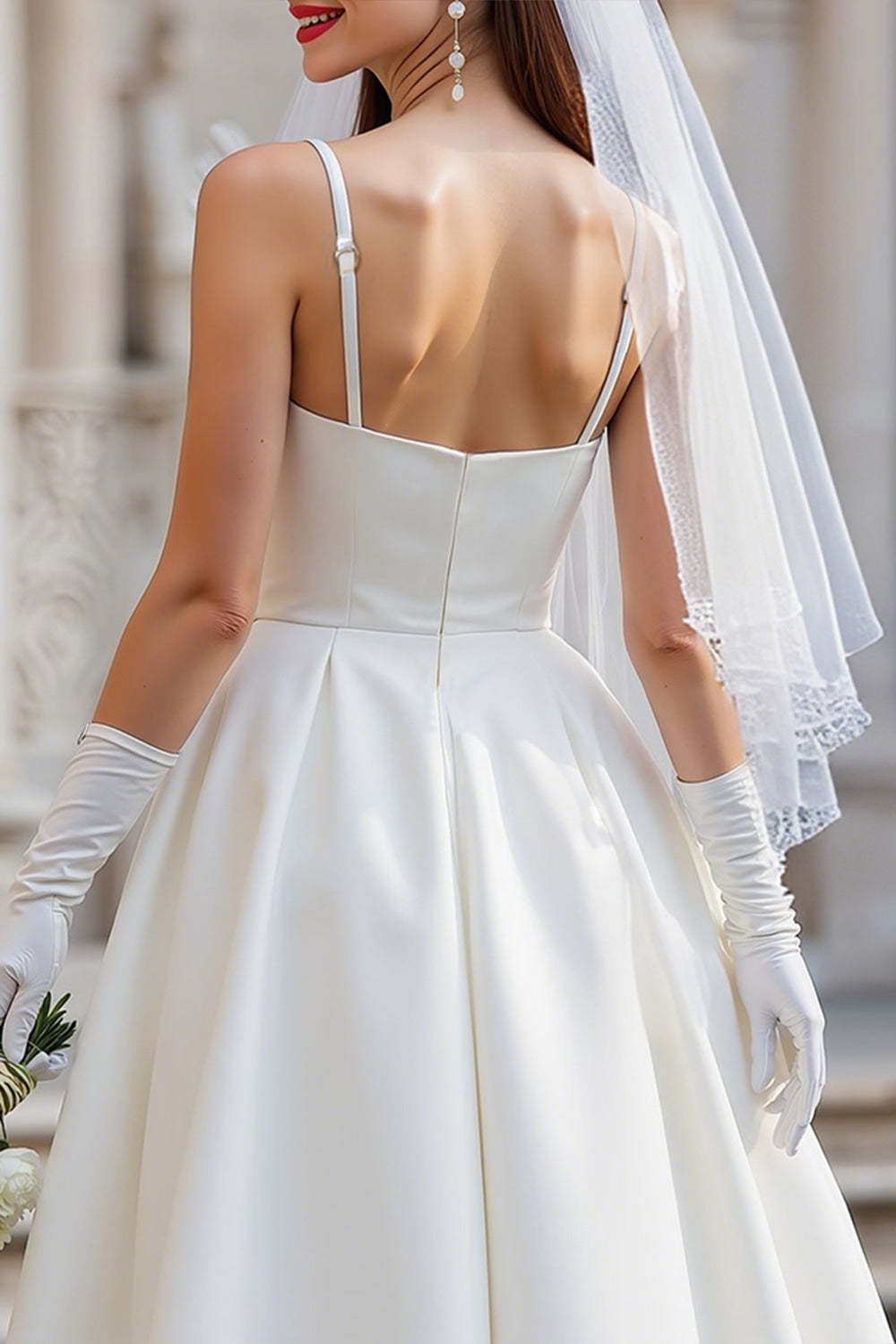 White Spaghetti Straps Satin Bow A Line Midi Wedding Dress