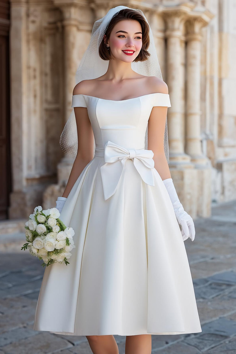 White Off the Shoulder A Line Satin Midi Wedding Dress with Bow