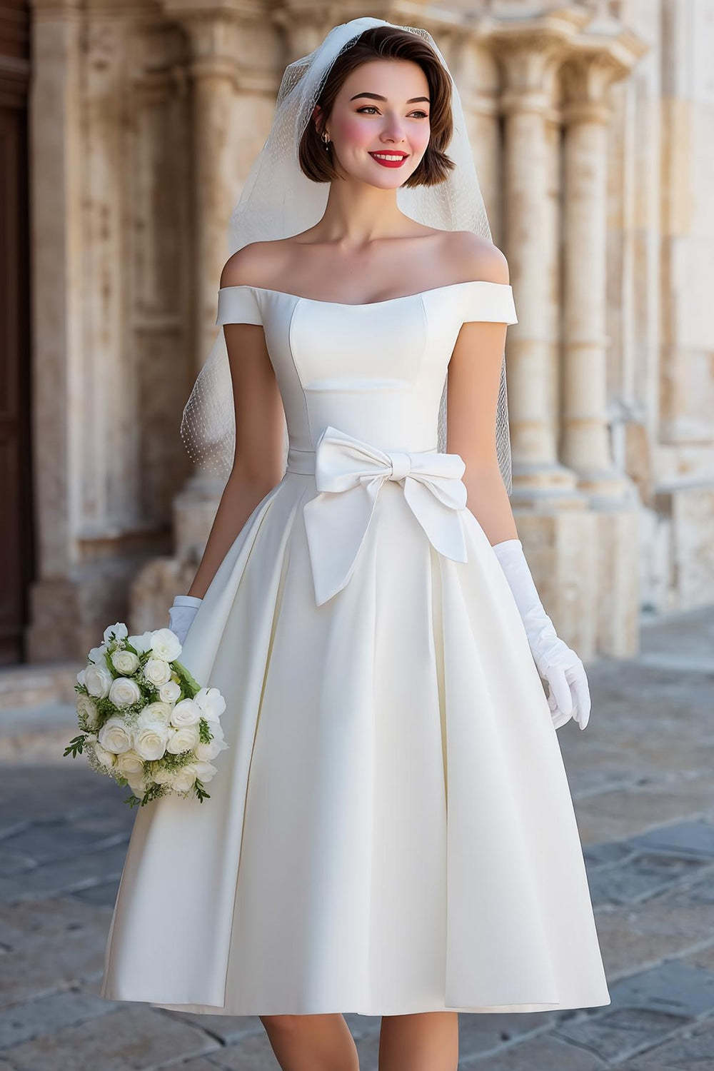 Leely Women White Satin Midi Wedding Dress with Bows A Line Backless Off the Shoulder Registry Office Wedding Dress