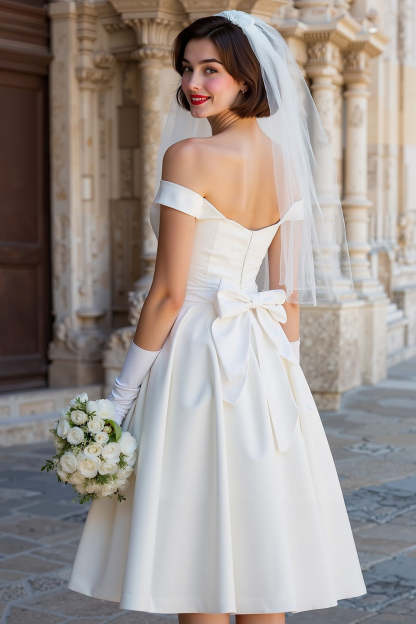White Off the Shoulder A Line Satin Midi Wedding Dress with Bow