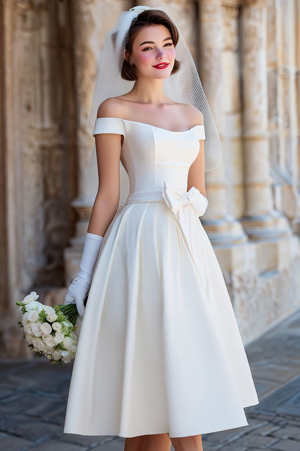 White Off the Shoulder A Line Satin Midi Wedding Dress with Bow
