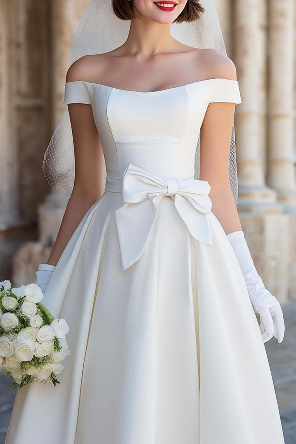 White Off the Shoulder A Line Satin Midi Wedding Dress with Bow