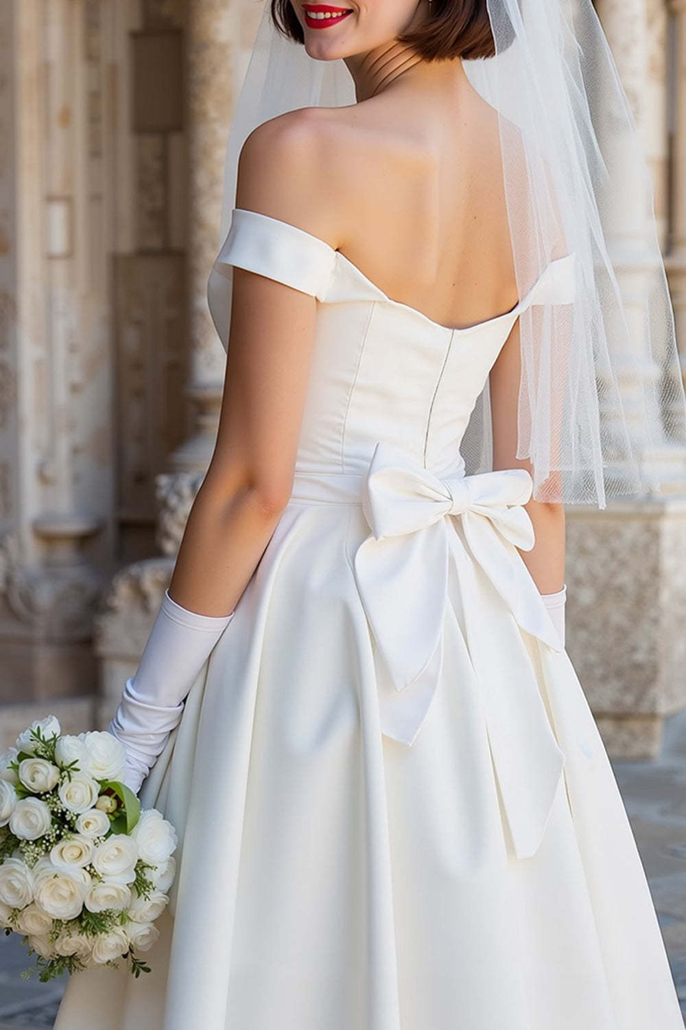 White Off the Shoulder A Line Satin Midi Wedding Dress with Bow