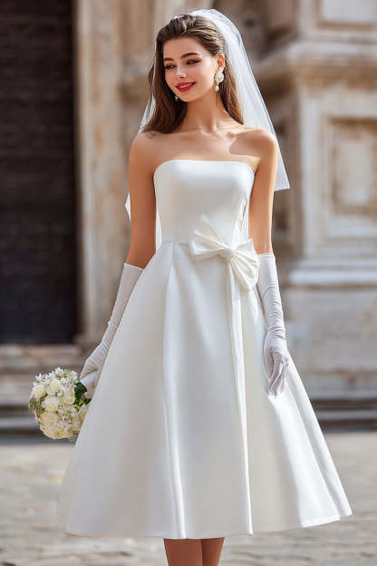 Leely Women White Midi Satin Wedding Dress with Bow Strapless A Line Registry Office Wedding Dress