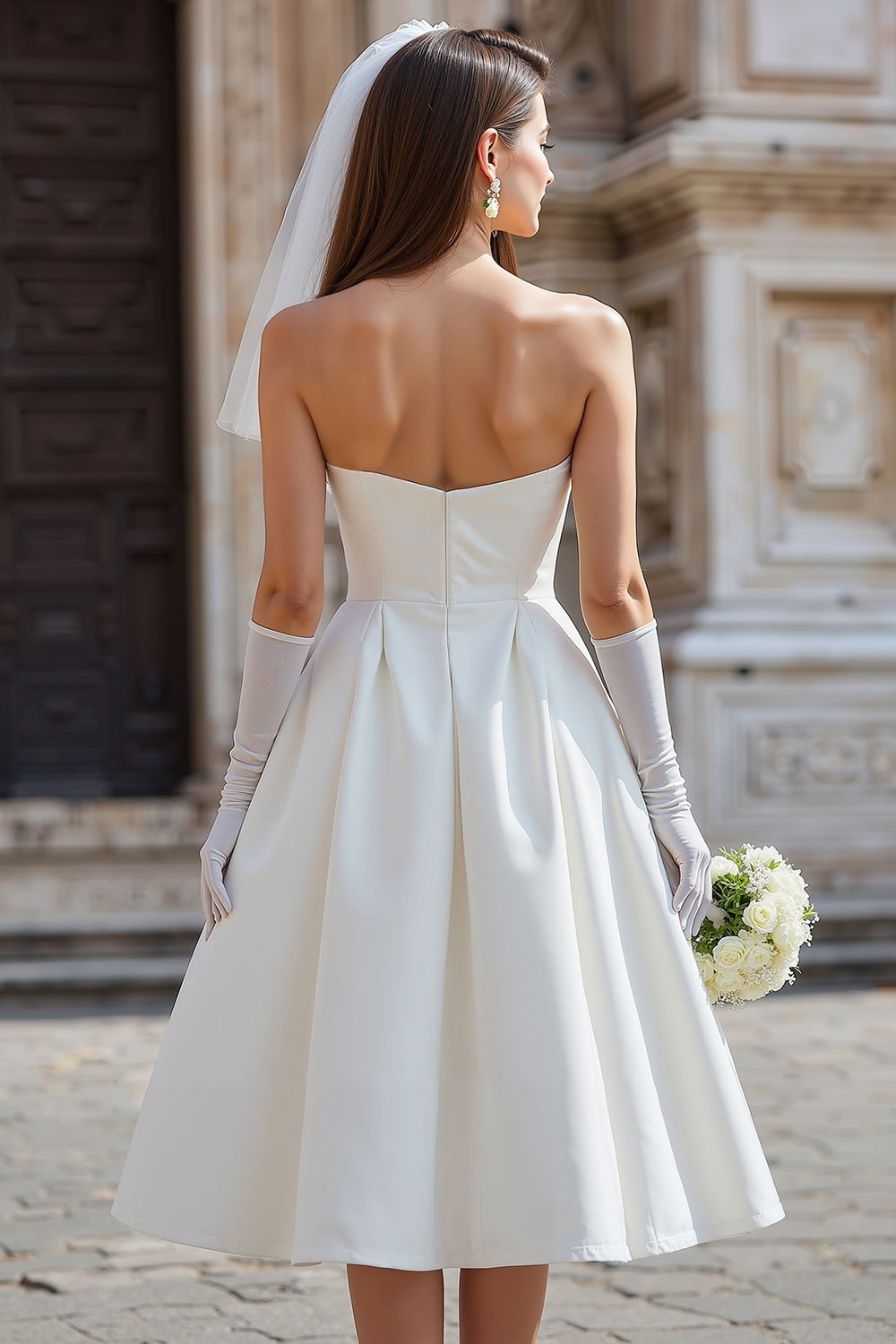 White Satin Strapless A Line Midi Wedding Dress with Bow