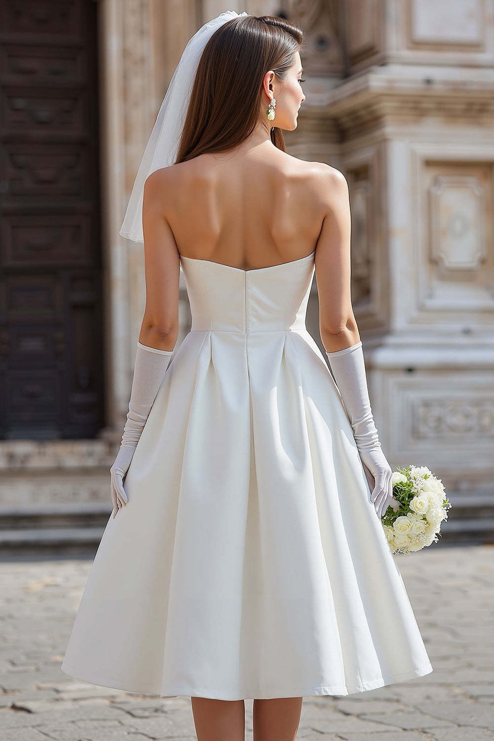 White Satin Strapless A Line Midi Wedding Dress with Bow