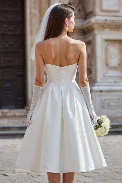 White Satin Strapless A Line Midi Wedding Dress with Bow
