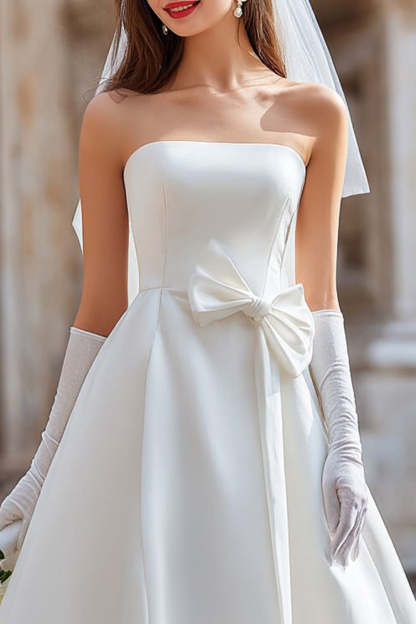 White Satin Strapless A Line Midi Wedding Dress with Bow