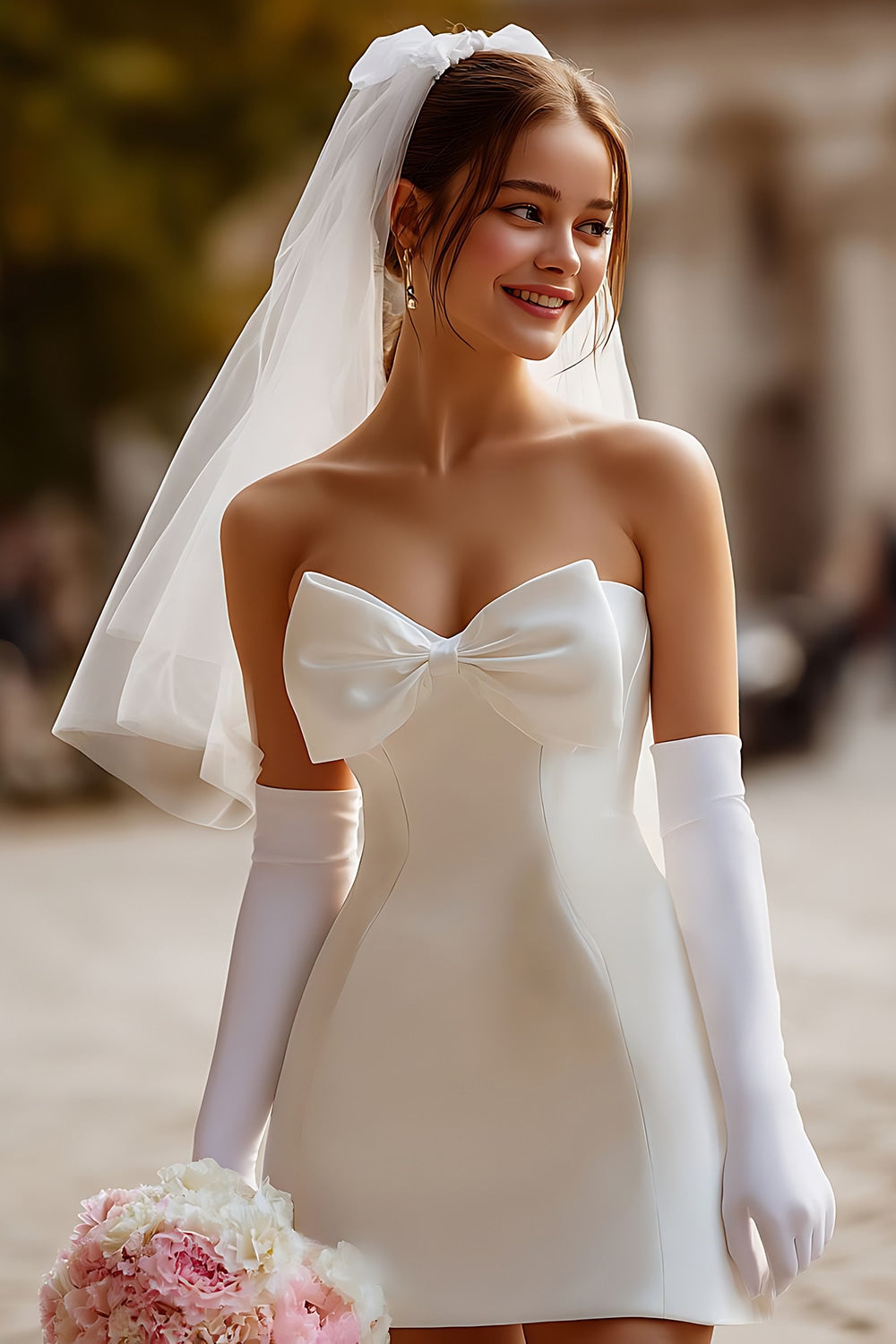White Strapless Bodycon Satin Corset Mini Wedding Dress with Bow